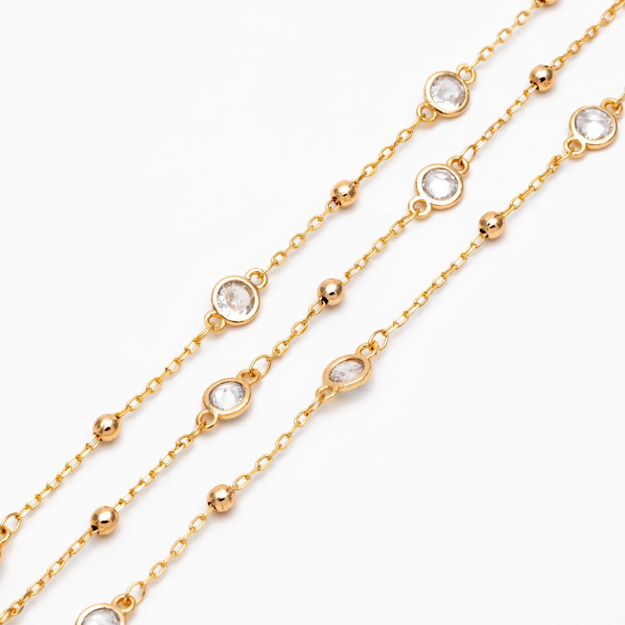 Gold/ Silver Tone Beaded Chains, 6mm Round Coin CZ Links, Gold/ Rhodium plated Brass, Lead Nickel Free (#LK-338)/ 1 Meter=3.3 ft